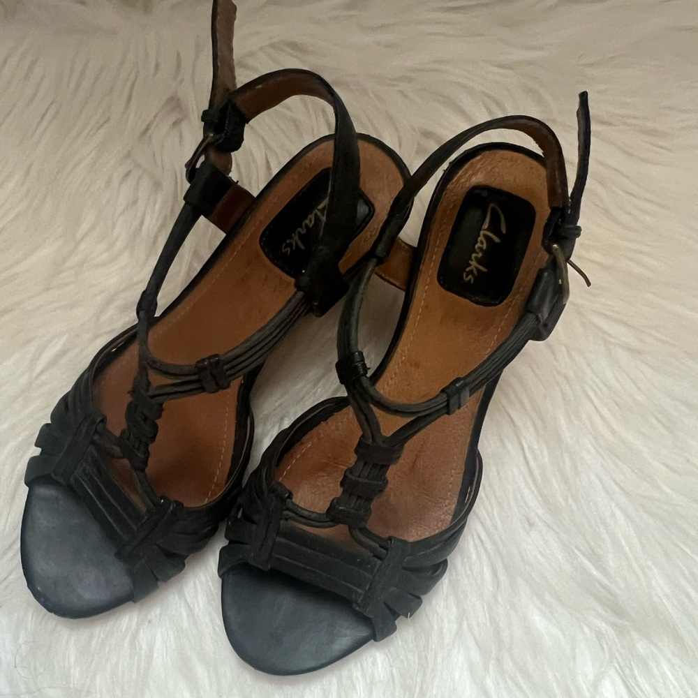 Clarks Black Strappy Wedge Sandals